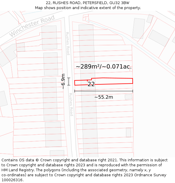 22, RUSHES ROAD, PETERSFIELD, GU32 3BW: Plot and title map