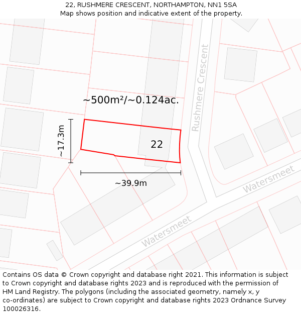 22, RUSHMERE CRESCENT, NORTHAMPTON, NN1 5SA: Plot and title map