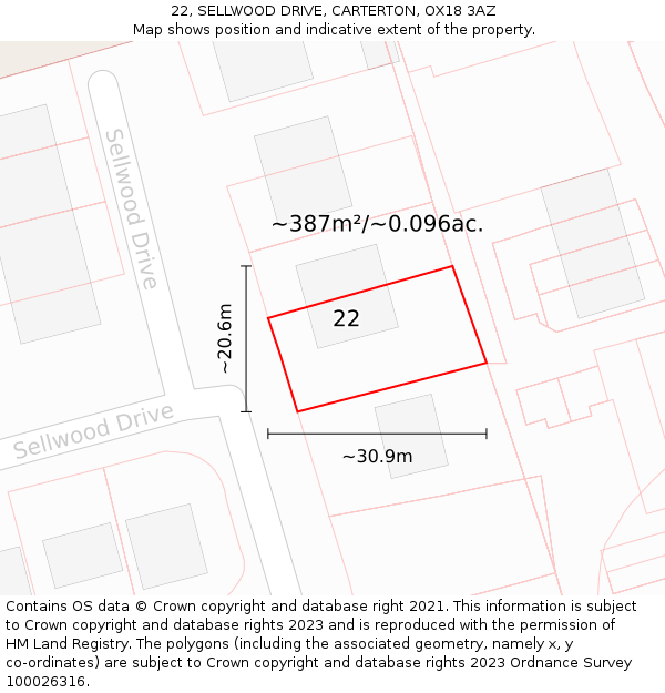 22, SELLWOOD DRIVE, CARTERTON, OX18 3AZ: Plot and title map