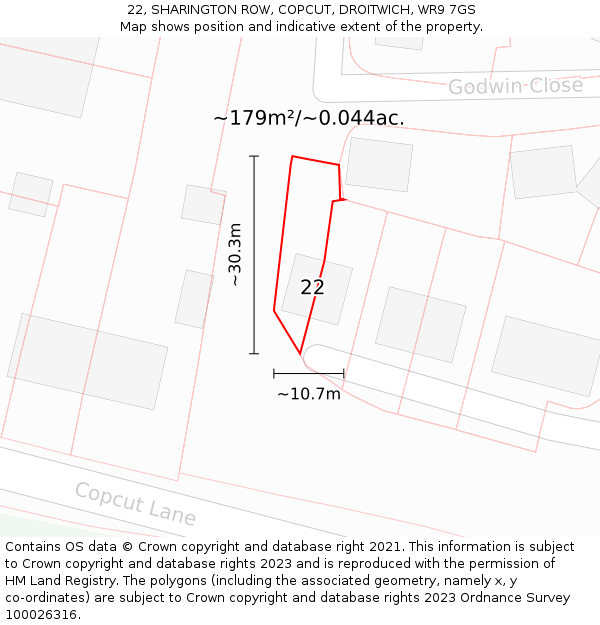 22, SHARINGTON ROW, COPCUT, DROITWICH, WR9 7GS: Plot and title map