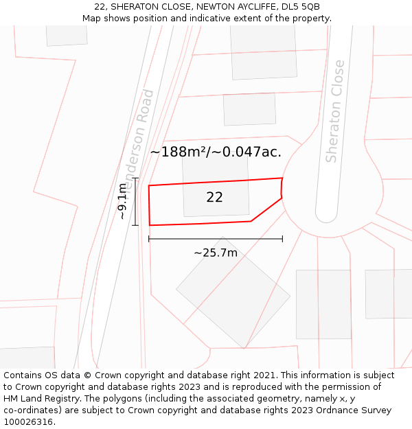 22, SHERATON CLOSE, NEWTON AYCLIFFE, DL5 5QB: Plot and title map