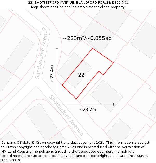 22, SHOTTESFORD AVENUE, BLANDFORD FORUM, DT11 7XU: Plot and title map