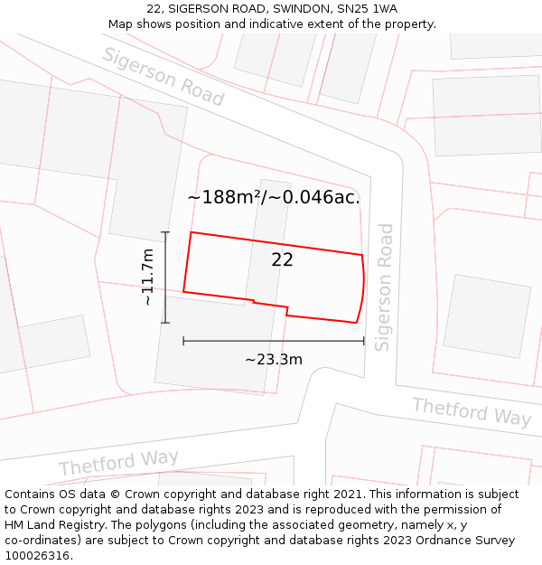 22, SIGERSON ROAD, SWINDON, SN25 1WA: Plot and title map