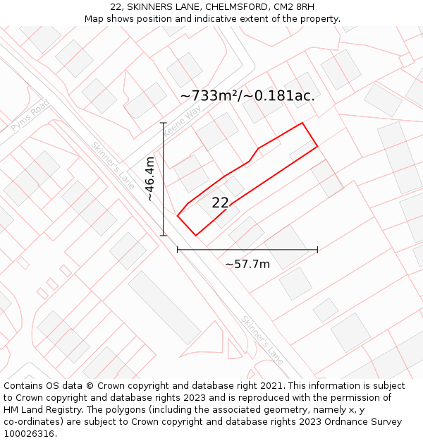 22, SKINNERS LANE, CHELMSFORD, CM2 8RH: Plot and title map