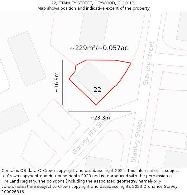 22, STANLEY STREET, HEYWOOD, OL10 1BL: Plot and title map