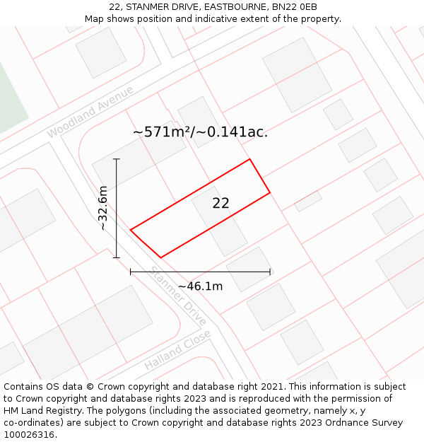 22, STANMER DRIVE, EASTBOURNE, BN22 0EB: Plot and title map