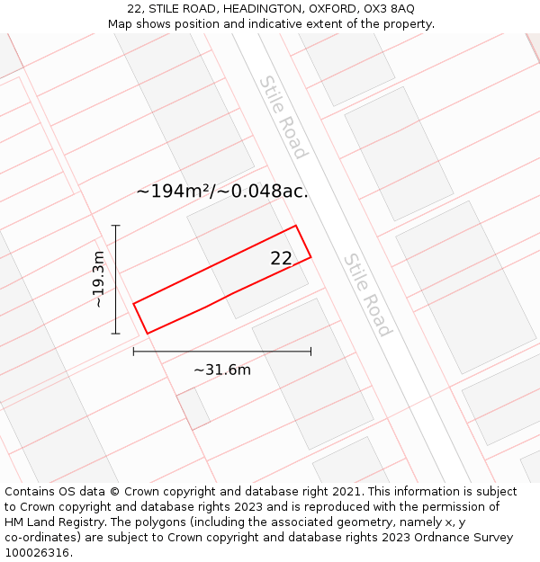 22, STILE ROAD, HEADINGTON, OXFORD, OX3 8AQ: Plot and title map