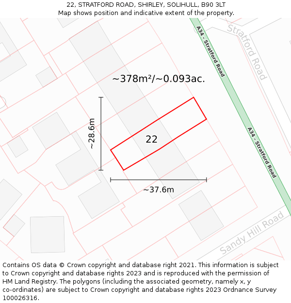 22, STRATFORD ROAD, SHIRLEY, SOLIHULL, B90 3LT: Plot and title map