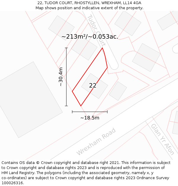 22, TUDOR COURT, RHOSTYLLEN, WREXHAM, LL14 4GA: Plot and title map