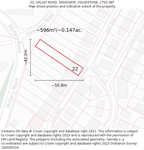 22, VALLEY ROAD, SANDGATE, FOLKESTONE, CT20 3BT: Plot and title map