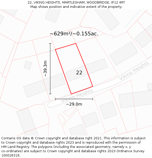 22, VIKING HEIGHTS, MARTLESHAM, WOODBRIDGE, IP12 4RT: Plot and title map