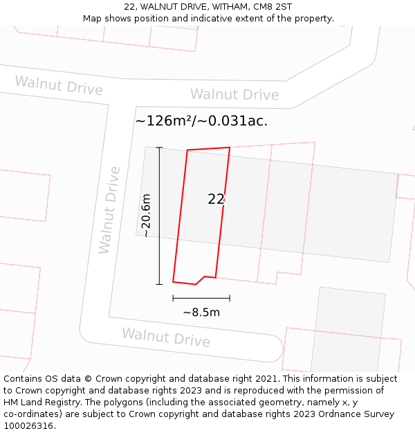 22, WALNUT DRIVE, WITHAM, CM8 2ST: Plot and title map