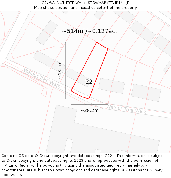 22, WALNUT TREE WALK, STOWMARKET, IP14 1JP: Plot and title map