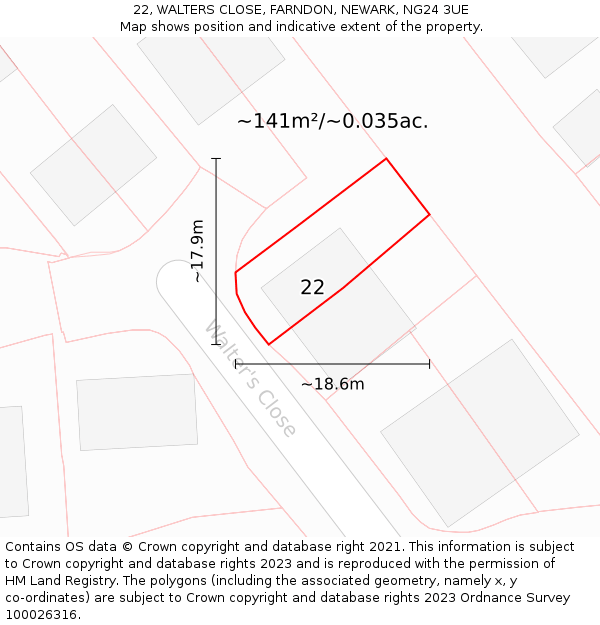 22, WALTERS CLOSE, FARNDON, NEWARK, NG24 3UE: Plot and title map