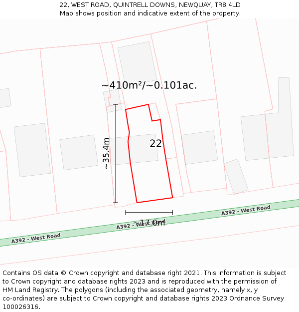 22, WEST ROAD, QUINTRELL DOWNS, NEWQUAY, TR8 4LD: Plot and title map