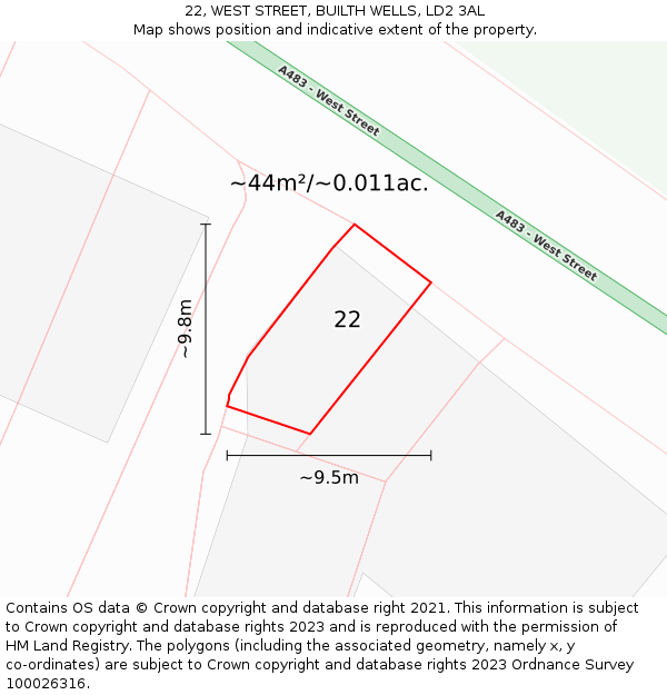 22, WEST STREET, BUILTH WELLS, LD2 3AL: Plot and title map