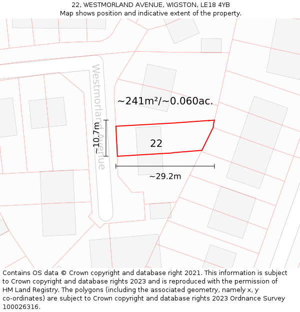 22, WESTMORLAND AVENUE, WIGSTON, LE18 4YB: Plot and title map