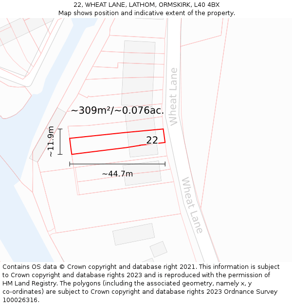 22, WHEAT LANE, LATHOM, ORMSKIRK, L40 4BX: Plot and title map