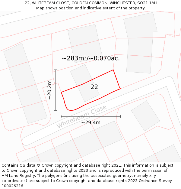 22, WHITEBEAM CLOSE, COLDEN COMMON, WINCHESTER, SO21 1AH: Plot and title map