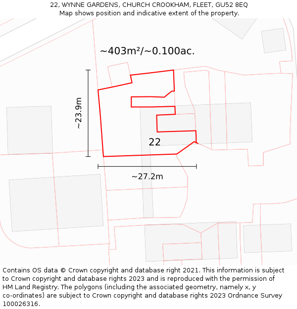 22, WYNNE GARDENS, CHURCH CROOKHAM, FLEET, GU52 8EQ: Plot and title map