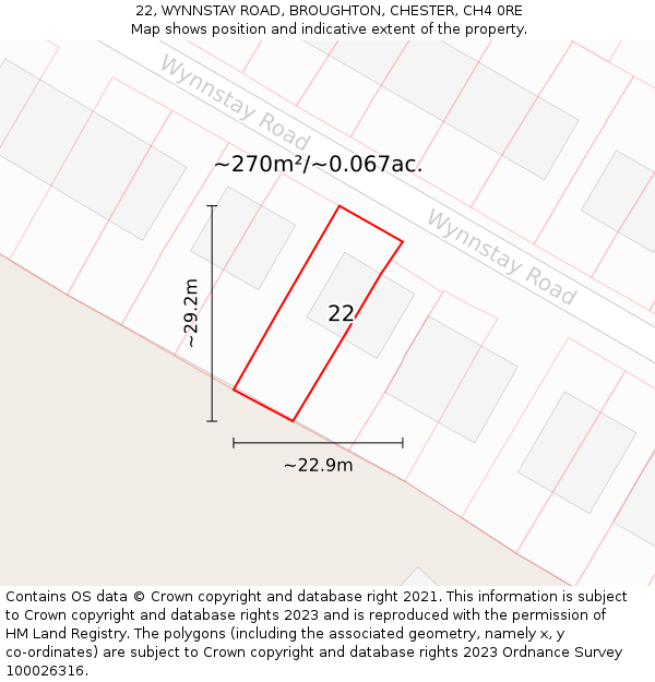 22, WYNNSTAY ROAD, BROUGHTON, CHESTER, CH4 0RE: Plot and title map