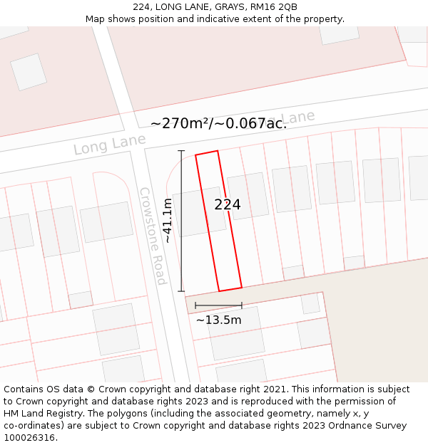 224, LONG LANE, GRAYS, RM16 2QB: Plot and title map