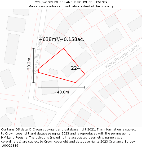 224, WOODHOUSE LANE, BRIGHOUSE, HD6 3TP: Plot and title map