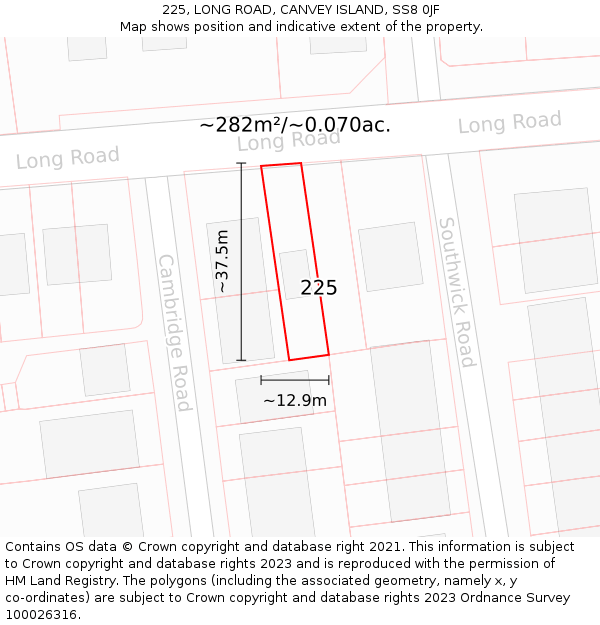 225, LONG ROAD, CANVEY ISLAND, SS8 0JF: Plot and title map