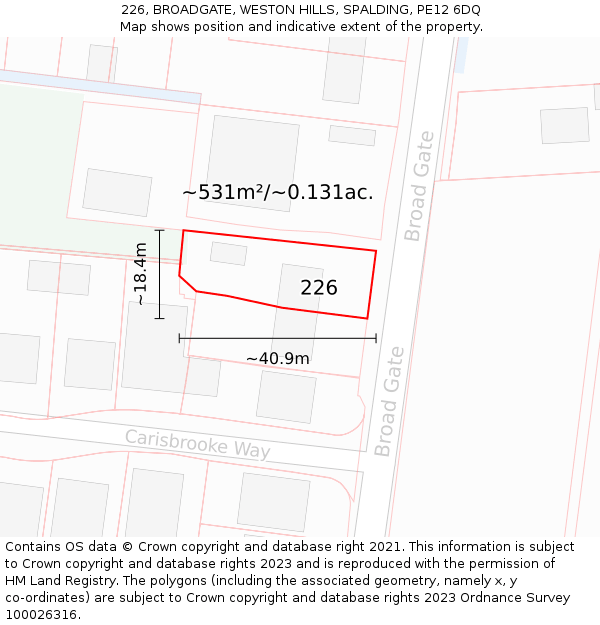 226, BROADGATE, WESTON HILLS, SPALDING, PE12 6DQ: Plot and title map