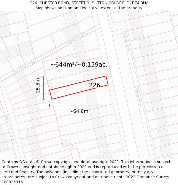 226, CHESTER ROAD, STREETLY, SUTTON COLDFIELD, B74 3NA: Plot and title map