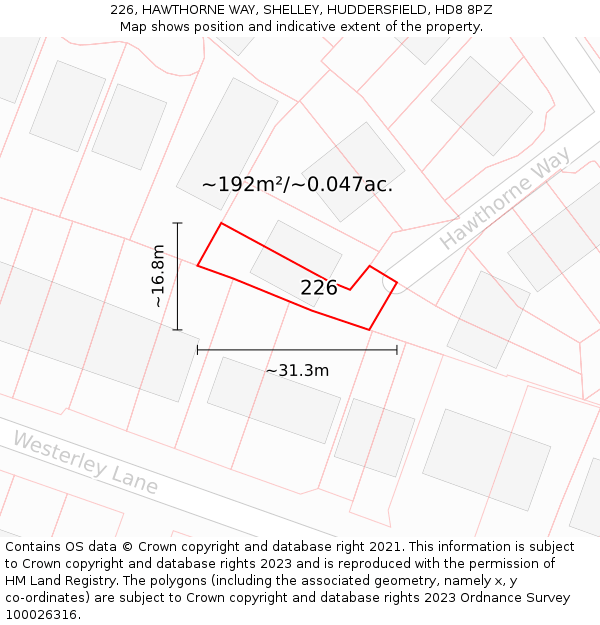 226, HAWTHORNE WAY, SHELLEY, HUDDERSFIELD, HD8 8PZ: Plot and title map