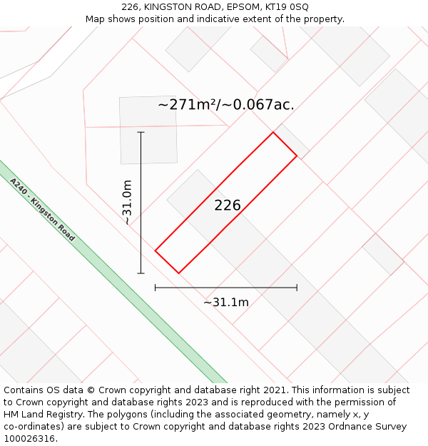 226, KINGSTON ROAD, EPSOM, KT19 0SQ: Plot and title map