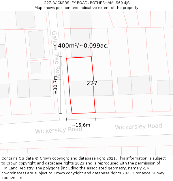 227, WICKERSLEY ROAD, ROTHERHAM, S60 4JS: Plot and title map