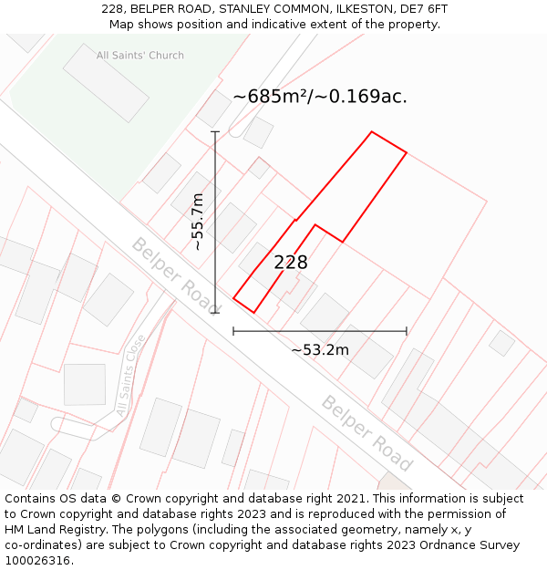 228, BELPER ROAD, STANLEY COMMON, ILKESTON, DE7 6FT: Plot and title map