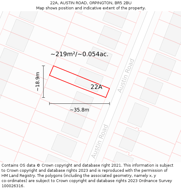 22A, AUSTIN ROAD, ORPINGTON, BR5 2BU: Plot and title map