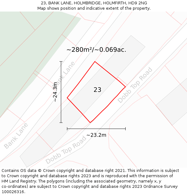23, BANK LANE, HOLMBRIDGE, HOLMFIRTH, HD9 2NG: Plot and title map