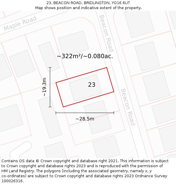 23, BEACON ROAD, BRIDLINGTON, YO16 6UT: Plot and title map