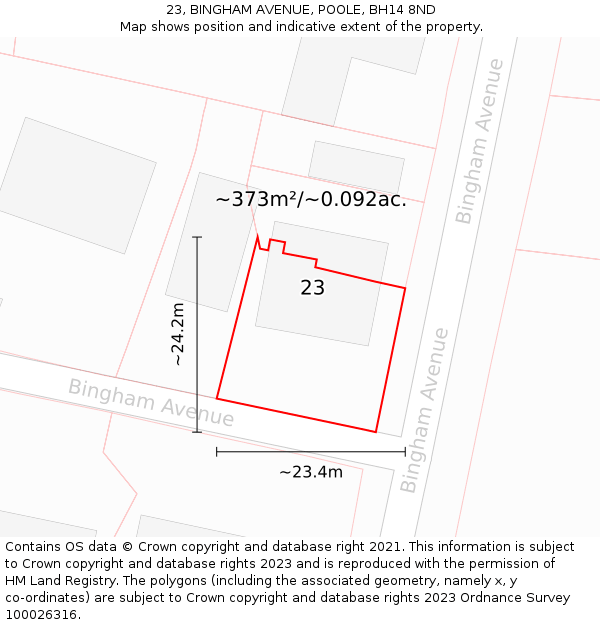 23, BINGHAM AVENUE, POOLE, BH14 8ND: Plot and title map