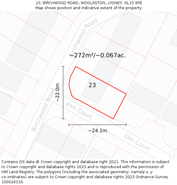 23, BIRCHWOOD ROAD, WOOLASTON, LYDNEY, GL15 6PE: Plot and title map