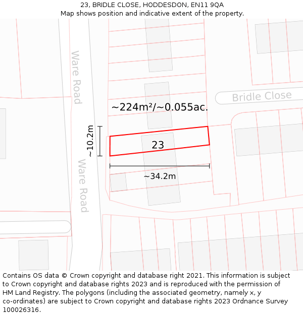23, BRIDLE CLOSE, HODDESDON, EN11 9QA: Plot and title map