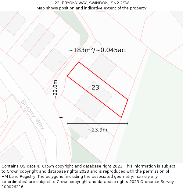 23, BRYONY WAY, SWINDON, SN2 2SW: Plot and title map