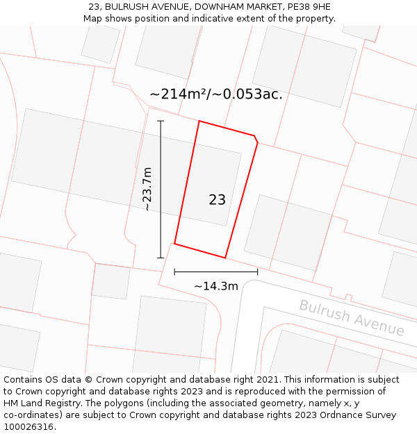 23, BULRUSH AVENUE, DOWNHAM MARKET, PE38 9HE: Plot and title map