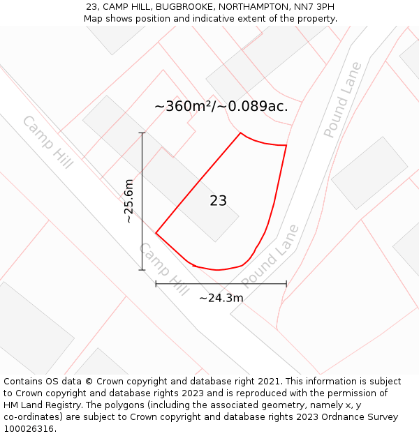 23, CAMP HILL, BUGBROOKE, NORTHAMPTON, NN7 3PH: Plot and title map
