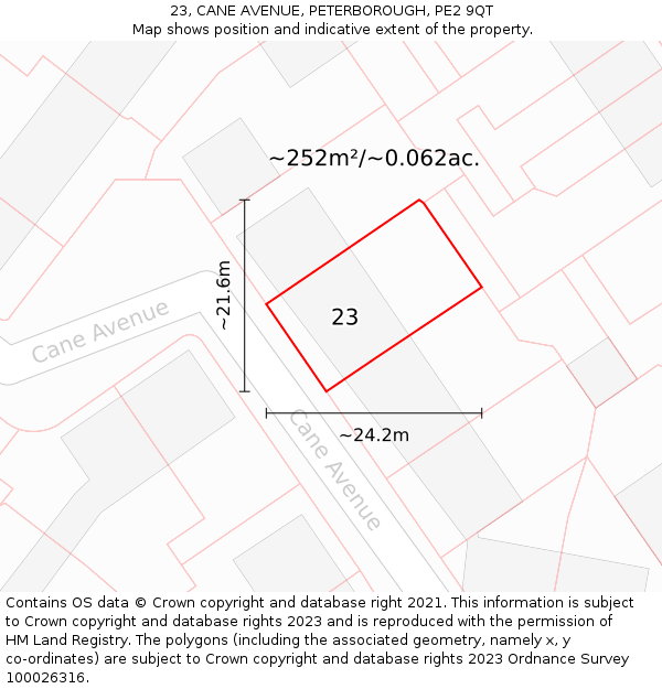 23, CANE AVENUE, PETERBOROUGH, PE2 9QT: Plot and title map