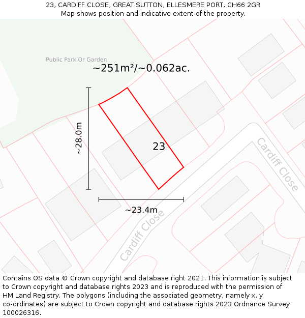 23, CARDIFF CLOSE, GREAT SUTTON, ELLESMERE PORT, CH66 2GR: Plot and title map