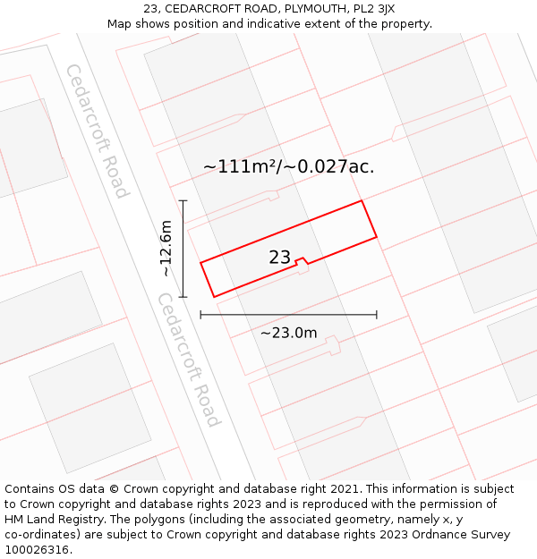 23, CEDARCROFT ROAD, PLYMOUTH, PL2 3JX: Plot and title map