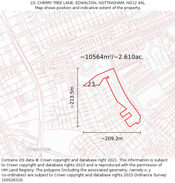 23, CHERRY TREE LANE, EDWALTON, NOTTINGHAM, NG12 4AL: Plot and title map
