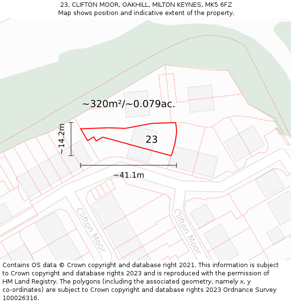 23, CLIFTON MOOR, OAKHILL, MILTON KEYNES, MK5 6FZ: Plot and title map