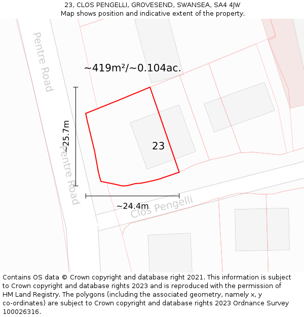 23, CLOS PENGELLI, GROVESEND, SWANSEA, SA4 4JW: Plot and title map