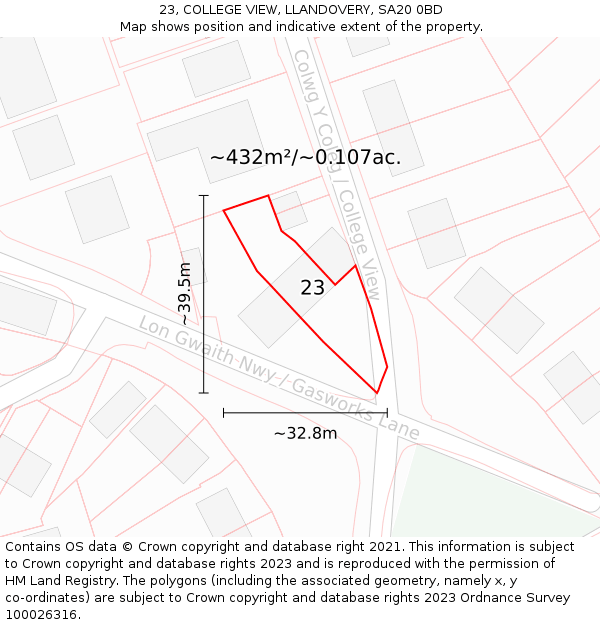 23, COLLEGE VIEW, LLANDOVERY, SA20 0BD: Plot and title map